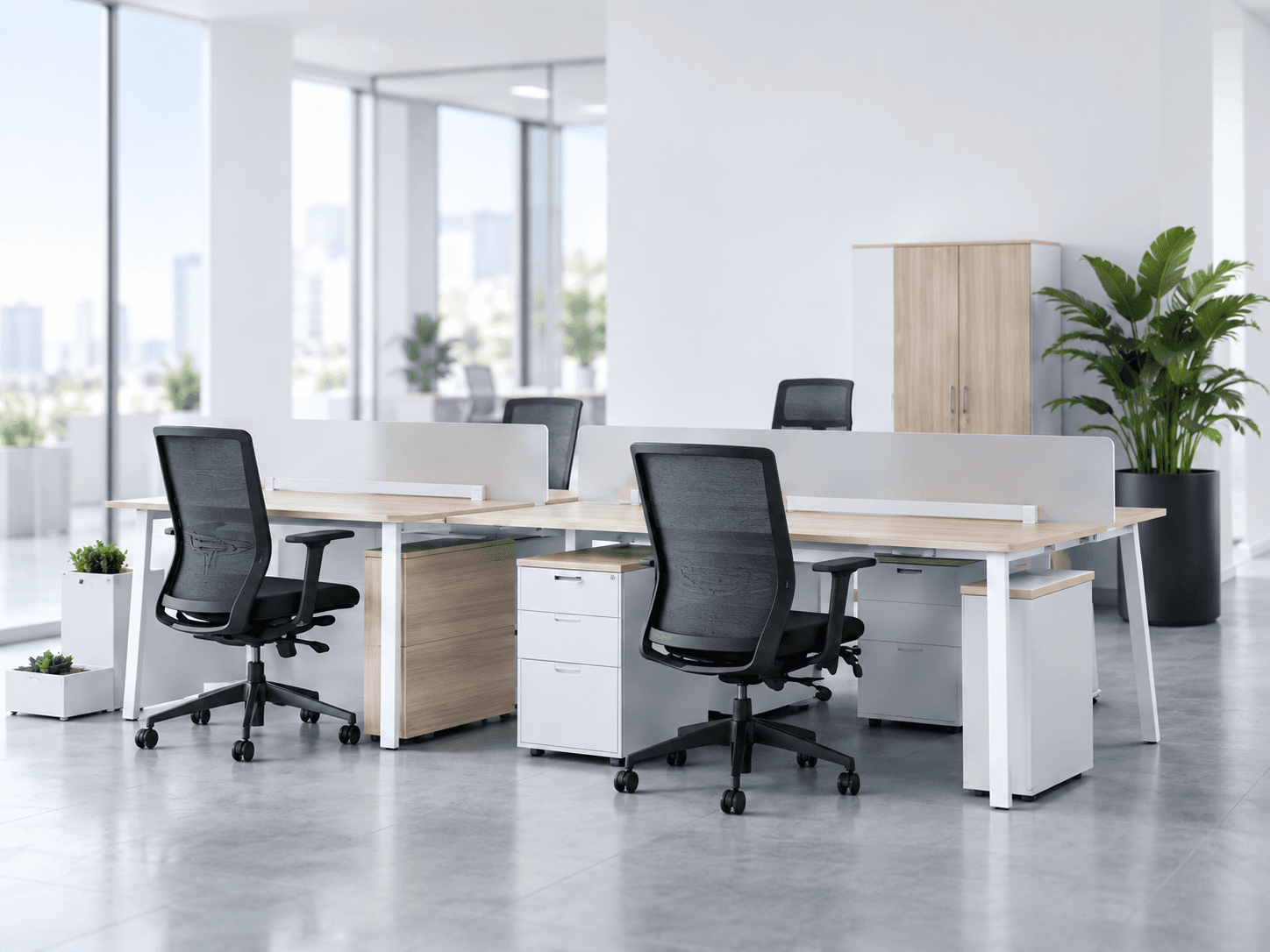Workspace modern dengan workstation dan kursi ergonomis