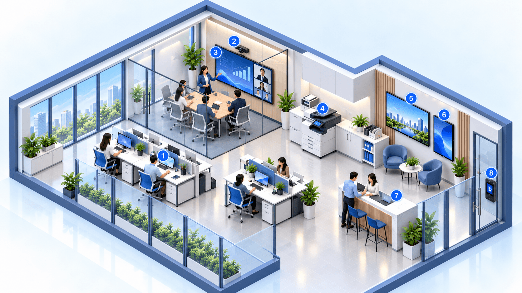 Ilustrasi isometrik Smart Workplace dengan delapan perangkat teknologi dan area kerja terintegrasi