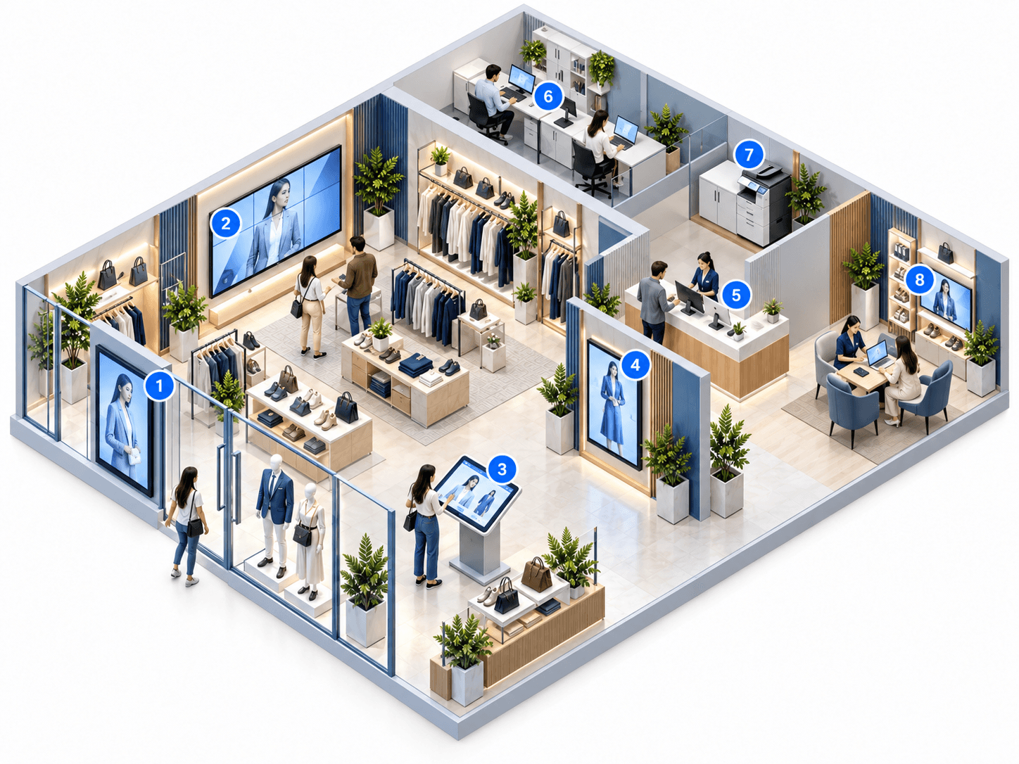 Ilustrasi isometrik toko retail modern dengan teknologi display dan perangkat operasional